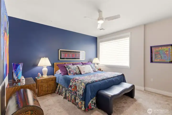 The primary full suite with new carpet and paint. Dark out shades for naps or sleeping in...