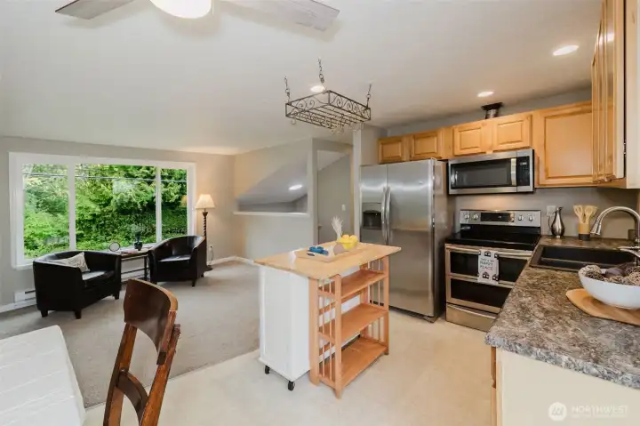 Kitchen flows into living room