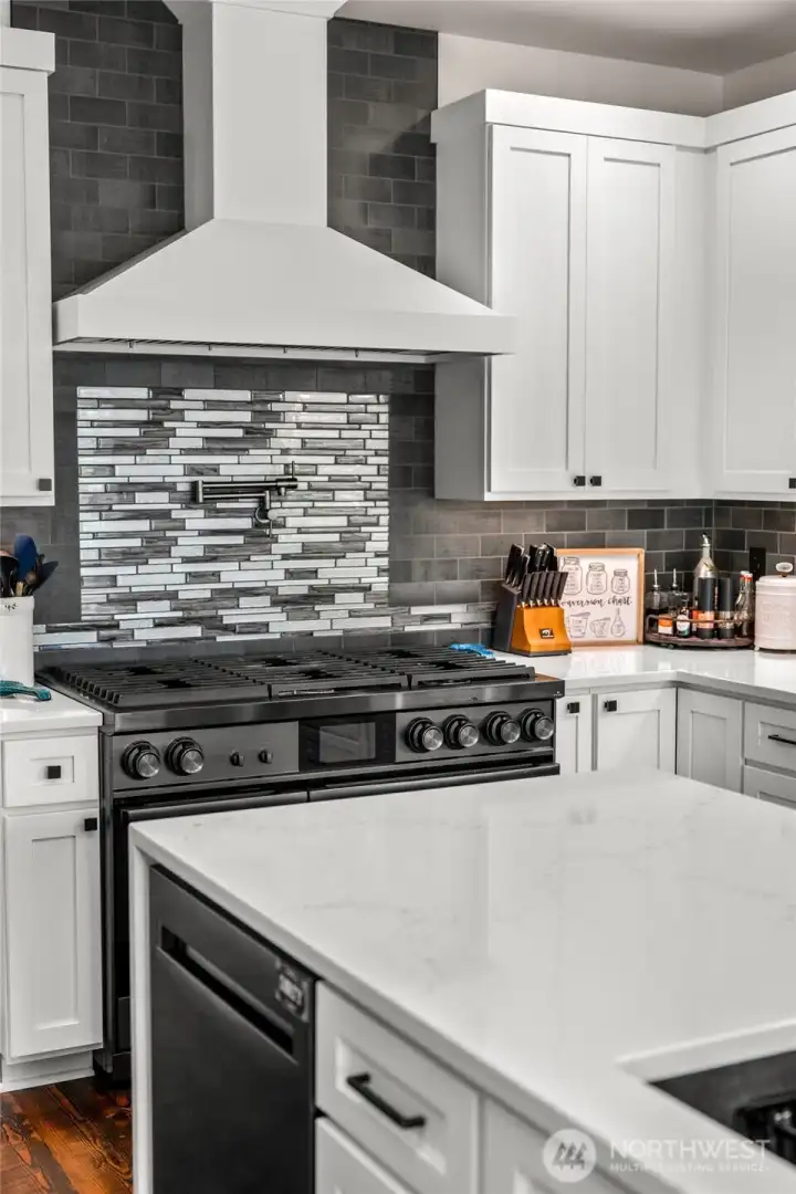 Large high-end gas range and double oven.