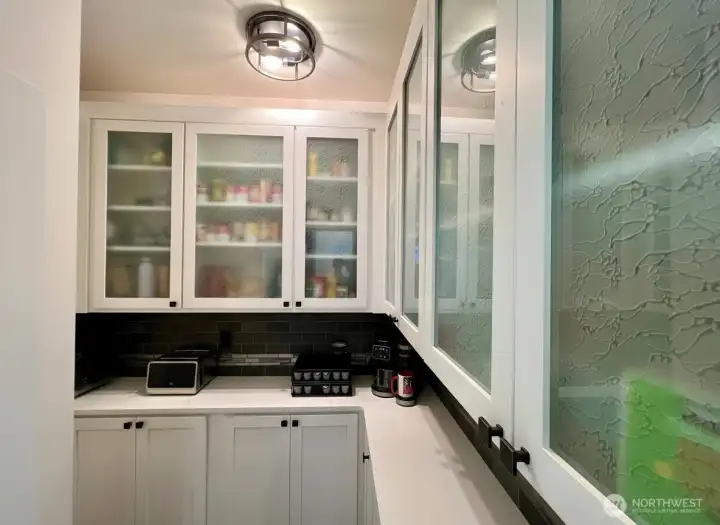Walk in pantry with matching quartz and custom cabinetry.