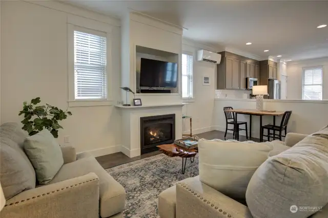 The propane gas fireplace will give you warmth and ambiance while you enjoy the open concept space.