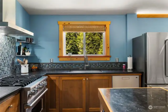 Kitchen with Viking gas stove and elevated appliances.