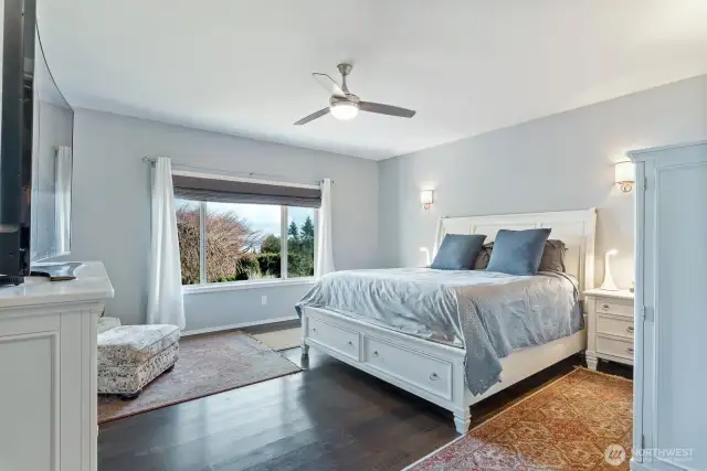 The Primary Bedroom Suite is spacious and airy, facing the view side of the home.  All the bedrooms have drop down, black-out blinds.  Wait to see the renovated Primary bathroom around the corner with a full walk-in closet and tons of storage!