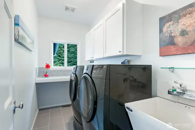 Well equipped Utility Room!  The door leads to an oversized 3 car garage measuring 37' x 25',  which is heated and includes work benches, access doors to back yard and tons of storage.