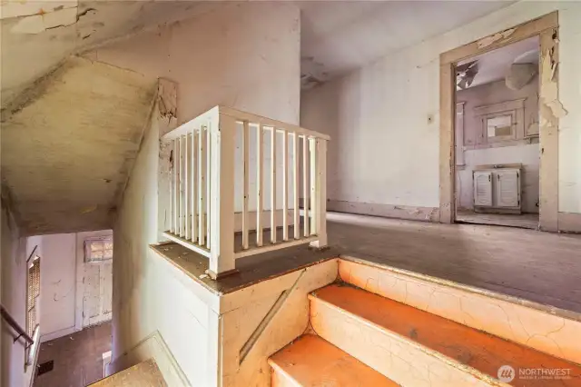 There is a landing area at the top of the stairs. Please use caution when going up.