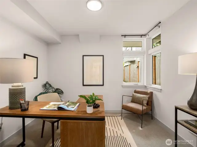 Main level bedroom staged as office, great WFH