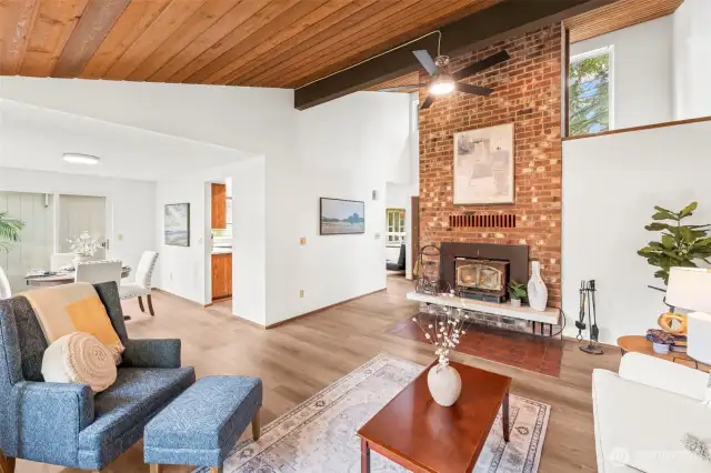 The brick fireplace is the heart of the home.