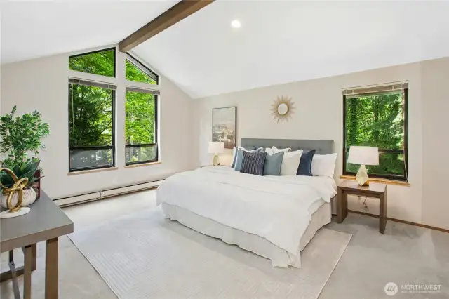 Spacious master suite with vaulted ceilings.