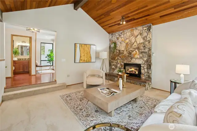 Large rock fireplace with gas fireplace keeps you warm all winter long!