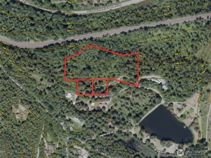 Overhead view with approximate boundaries in red and approximate topography.