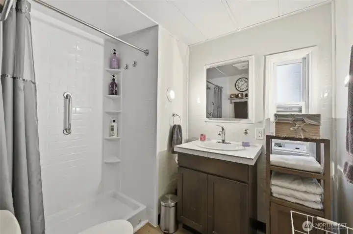 The Bathroom has a spa like feel to it.