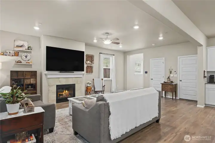 Great room living with gas fireplace.