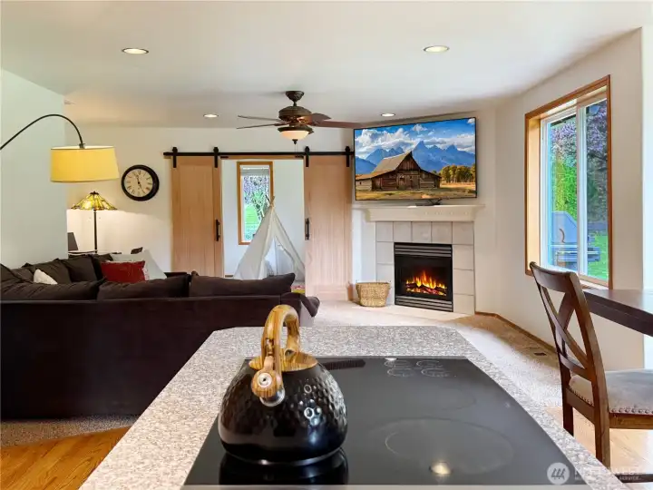 Large family room with gas fireplace