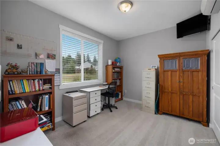 BR 3 - Light-filled bedroom or office with large window, carpet, closet, and wall-mounted mini-split.