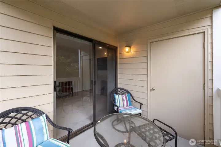 Large exterior storage room located on the balcony—perfect for seasonal items and extra storage. Large exterior storage room located on the balcony—perfect for seasonal items and extra storage.