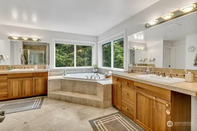 Primary bath with large soaking tub, two seperate vanities and a walk in closet to dream of!