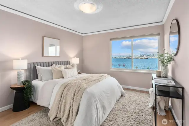 The guest room also features a fantastic view of the city and Sound.
