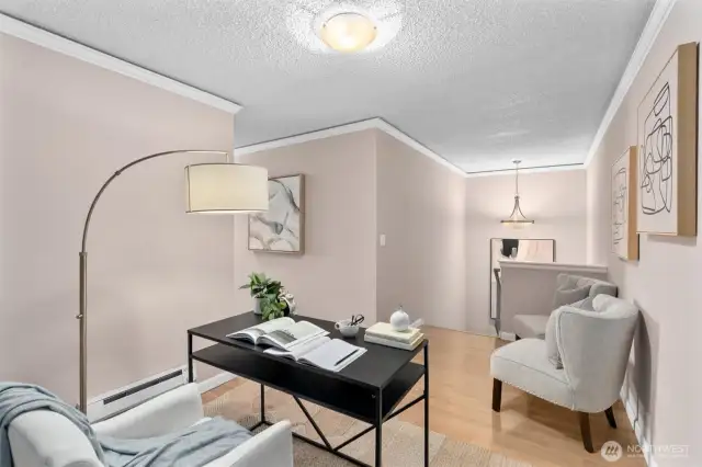 The unit features a fantastic area upstairs for a home office or a sitting area.