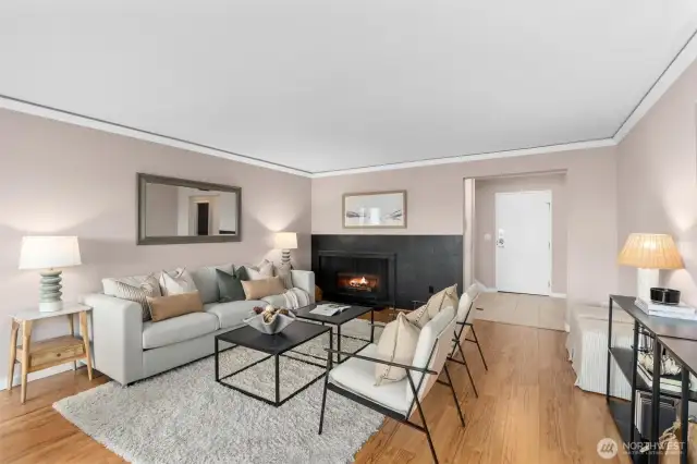 Living room with gas fireplace.