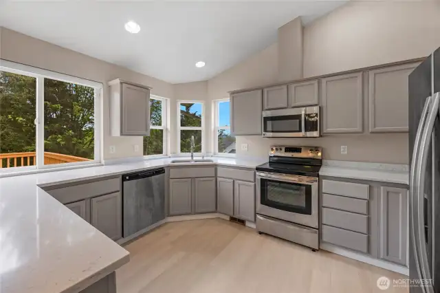 Large kitchen with plenty of windows looking out to greenbelt