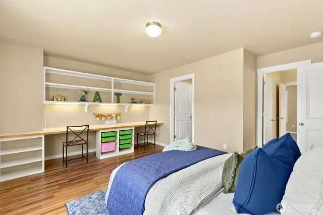 Bedroom features walk-in closet (to left) and Jack and Jill bath to right.