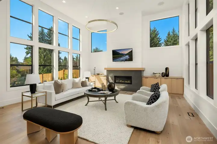 Vaulted great room that overlooks the private backyard