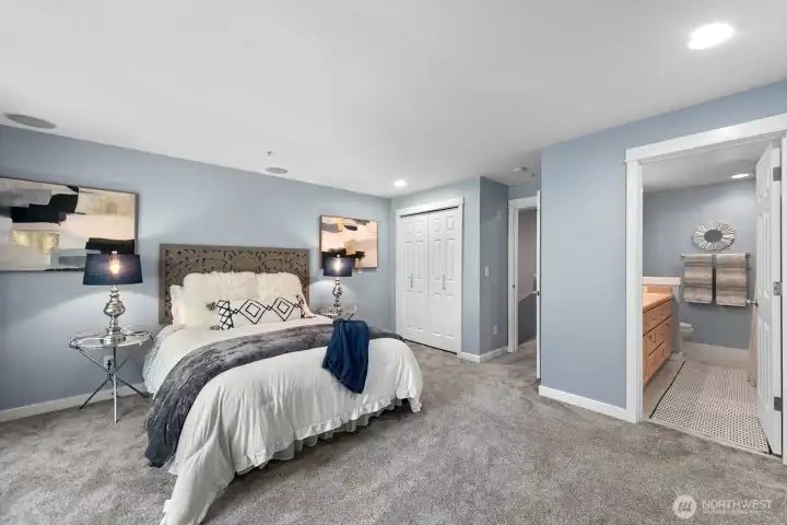 Primary bedroom with peaceful retreat feel