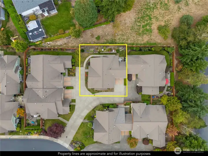 Aerial view of the home. Boundary lines for illustrative purposes only.