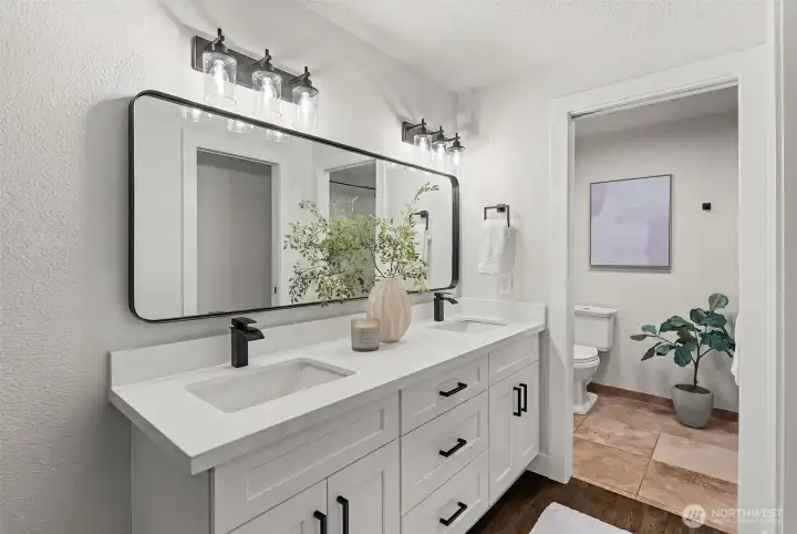 Double vanity with ample storage space.