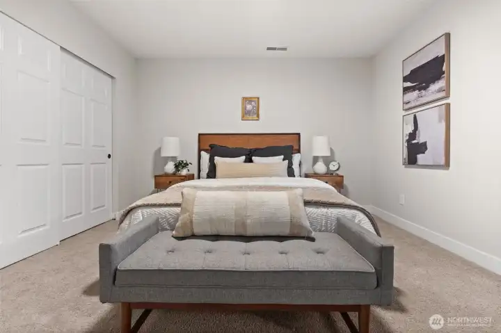 Quiet downstairs bedroom with conveniently located hall bath and large closet.