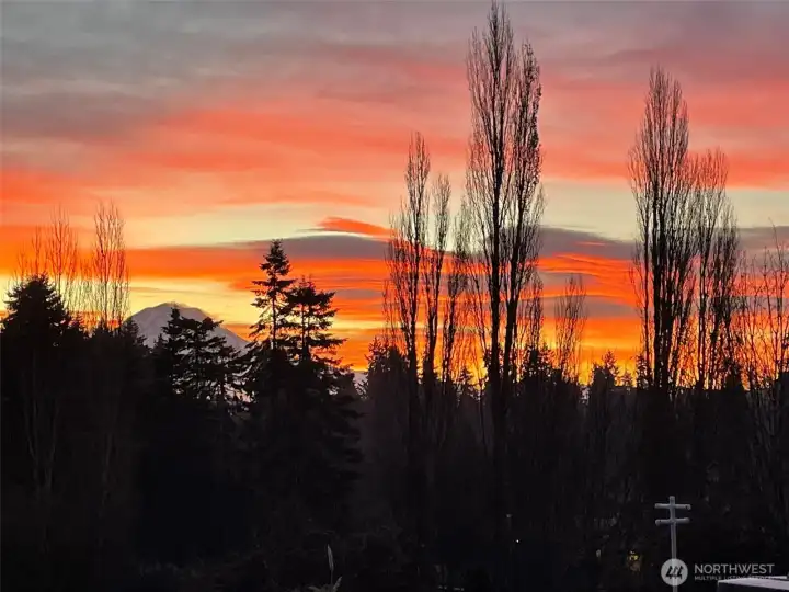 Ready to rise with the mountain? Greet each day with Mt. Rainier in view and sunrises that spill color across your morning ritual. (Picture is zoomed in a bit for the mountain, but not the glorious sky!)