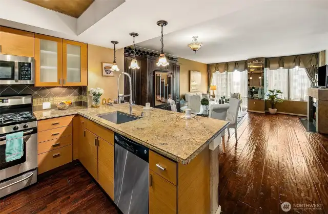 Kitchen Bar opens to dining & living