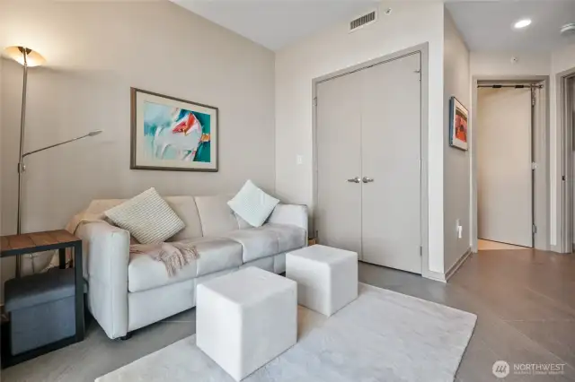 The second sleeping space with closet. The private bathroom is just beyond, on the left-hand side.