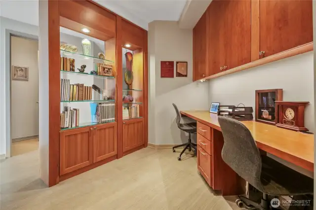 The two person office offers abundant storage.