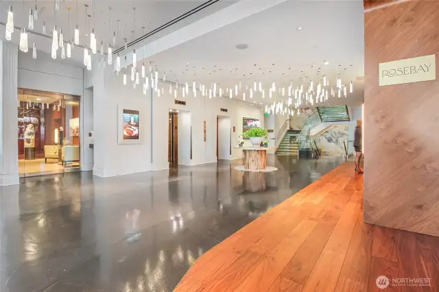 Breathtaking lobby greets you at the front door. To your left is the private residents entry from the garage; to your right is a wonderful lounge. Not shown, further left, is the onsite restaurant (and yes, room service is available!).