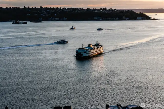 Enjoy watching the ferries from the rooftop deck.
