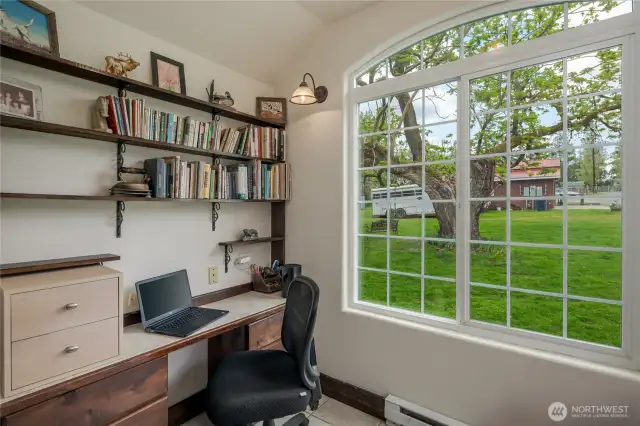 Office w/french doors overlooks the barn
