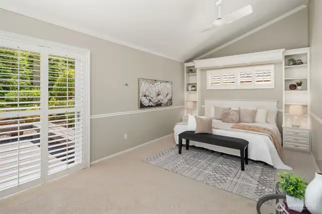 Expansive primary suite with built-ins that can frame a luxe California king