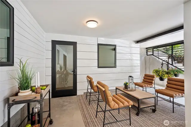 A patio in the garage