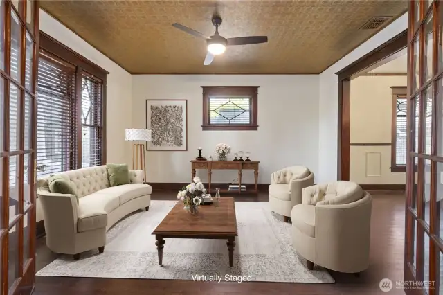 Living Room w Double Glass French Doors