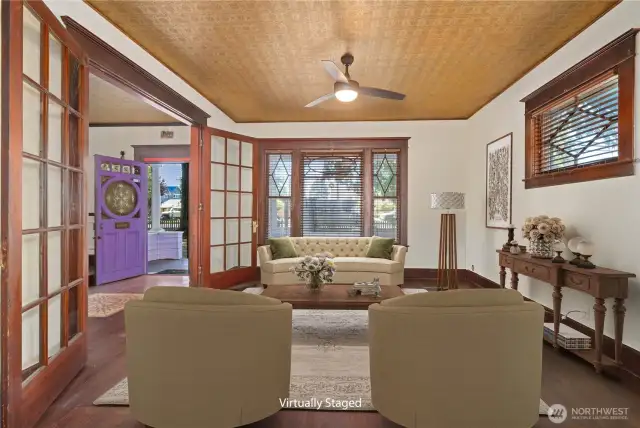 Living Room w Double Glass French Doors