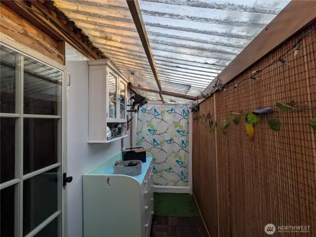 Shower area near front entrance of tiny home