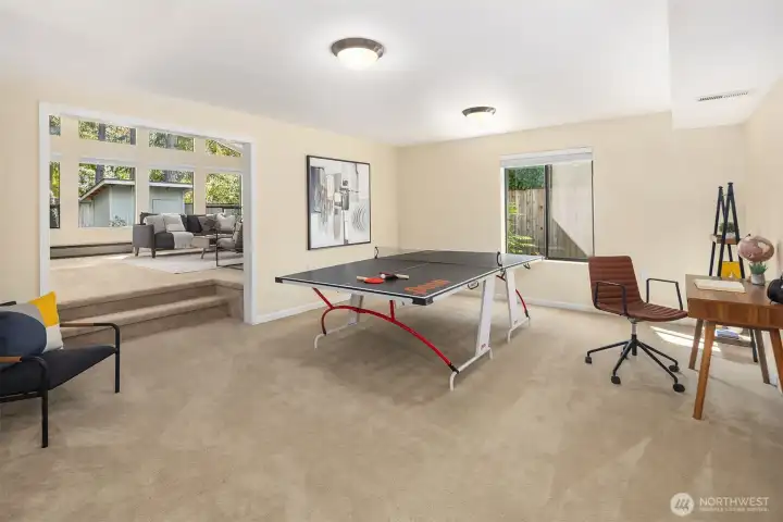 Lower level has a big rec room, large bonus room with vaulted ceilings, 3/4 bath, and large laundry room with tons of cabinet storage.
