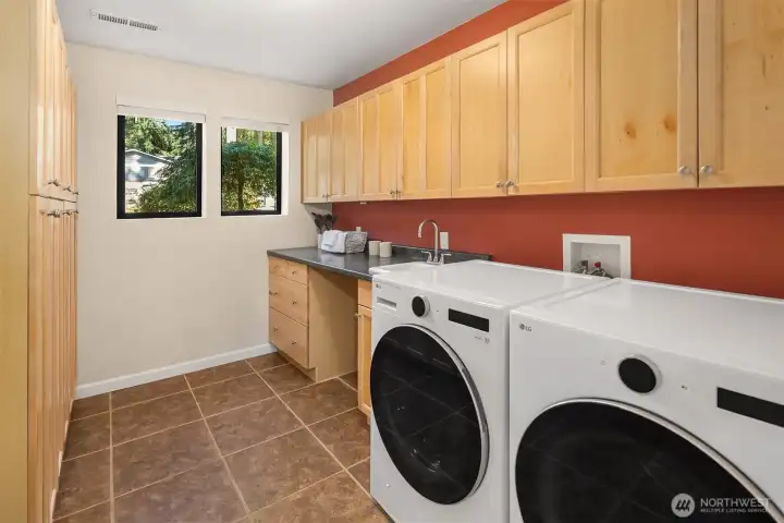 Lower level has a big rec room, large bonus room with vaulted ceilings, 3/4 bath, and large laundry room with tons of cabinet storage.