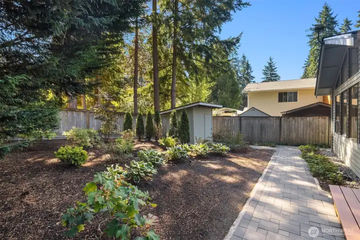 Landscaped backyard with paver walkway and storage shed.