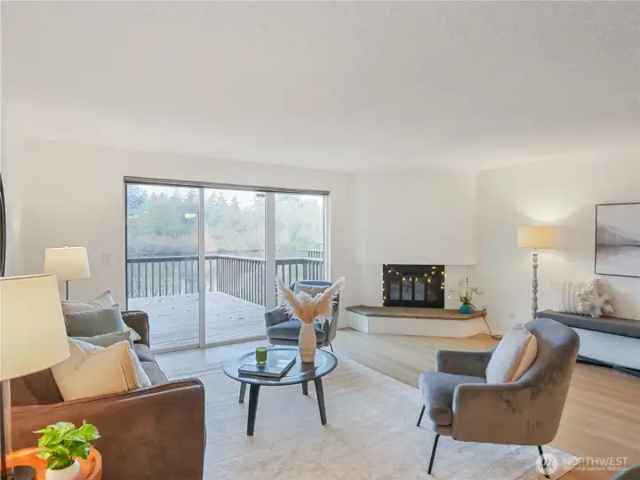 Cozy Wood Fireplace perfect for PNW lakeside  living.