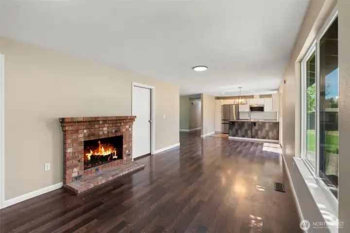 The fireplace is virtually lit