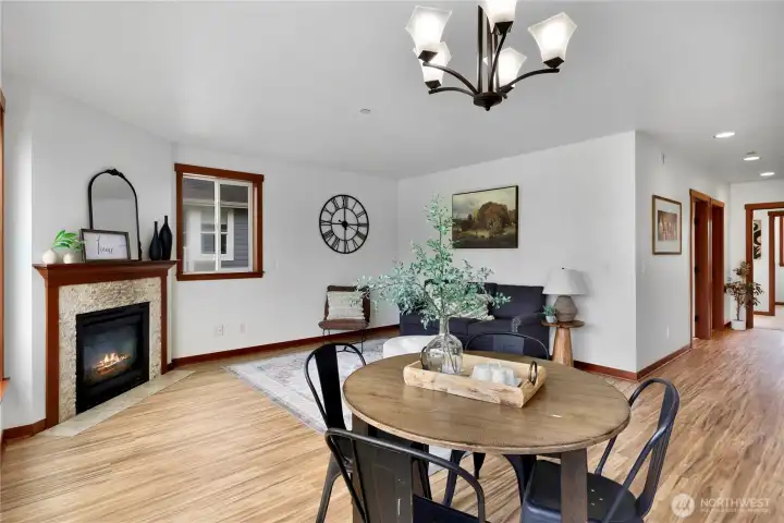 Living room with cozy corner fireplace. Living room with cozy corner fireplace.