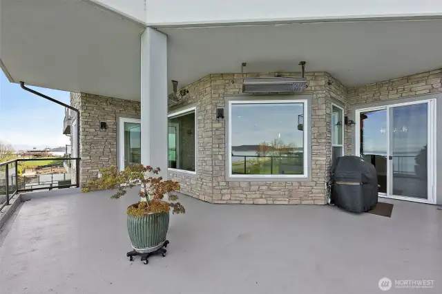 A spacious 403 sq. ft. deck is the the perfect extension of the living space, offering plenty of room for both relaxation and entertaining. Also it is partially covered and has heaters.  Perfect for an evening enjoying the views.