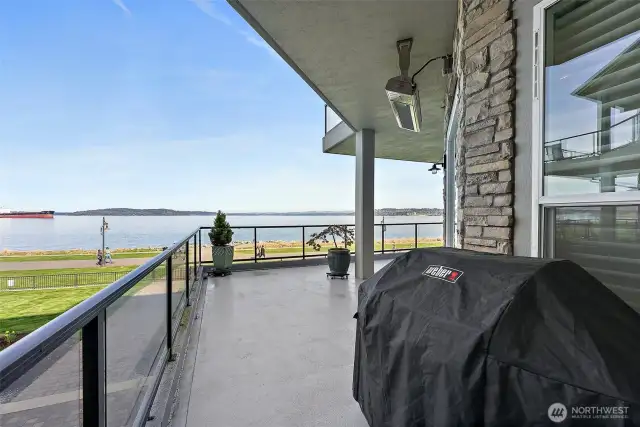 Watch the world walk by on the Pt. Ruston walking/biking trail along Commencement Bay. The trail is one mile long!  The heaters are an upgraded feature.